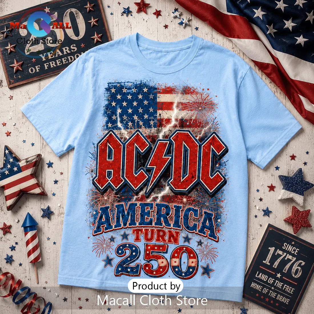 ACDC America 250 Independence Anniversary Light Blue T-Shirt ACDC America 250 Independence Anniversary Light Blue T-Shirt