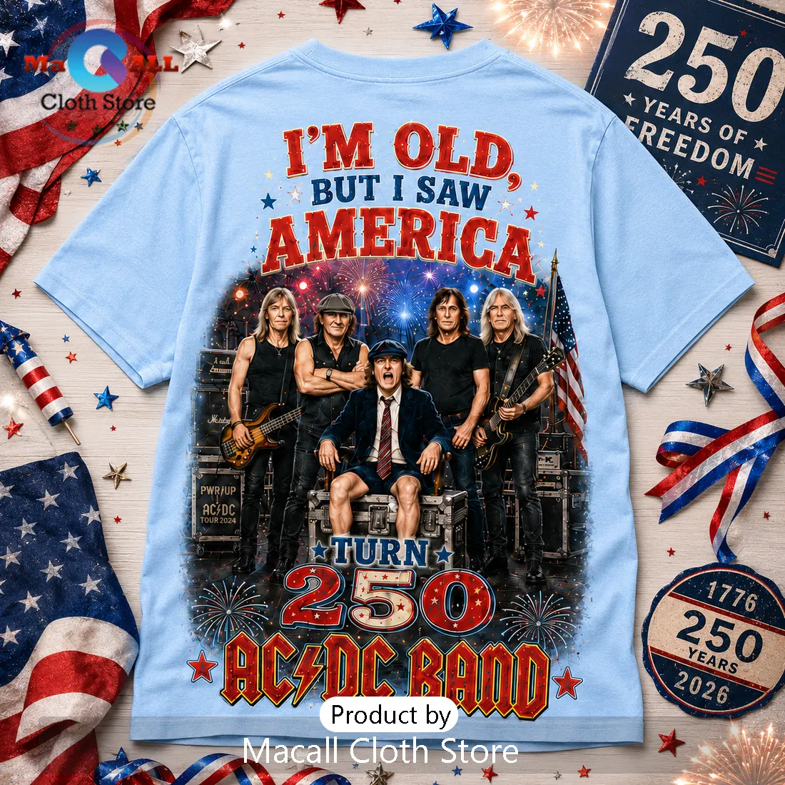 ACDC America 250 Independence Anniversary Light Blue T-Shirt ACDC America 250 Independence Anniversary Light Blue T-Shirt