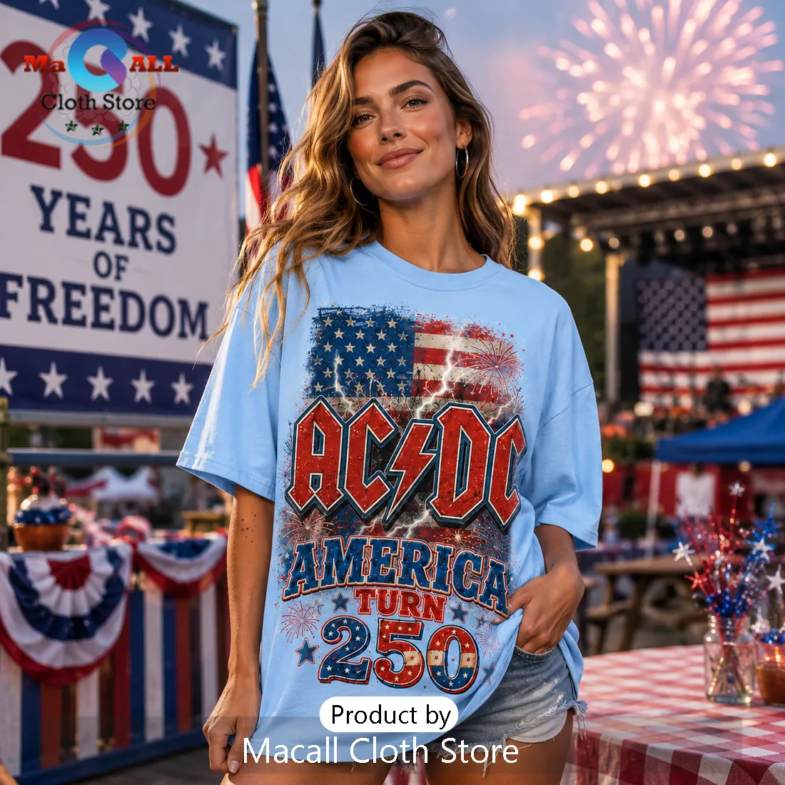 ACDC America 250 Independence Anniversary Light Blue T-Shirt ACDC America 250 Independence Anniversary Light Blue T-Shirt