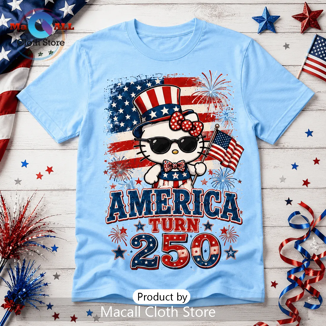 Hello Kitty x USA America 250th Birthday Light Blue T-Shirt Hello Kitty x USA America 250th Birthday Light Blue T-Shirt