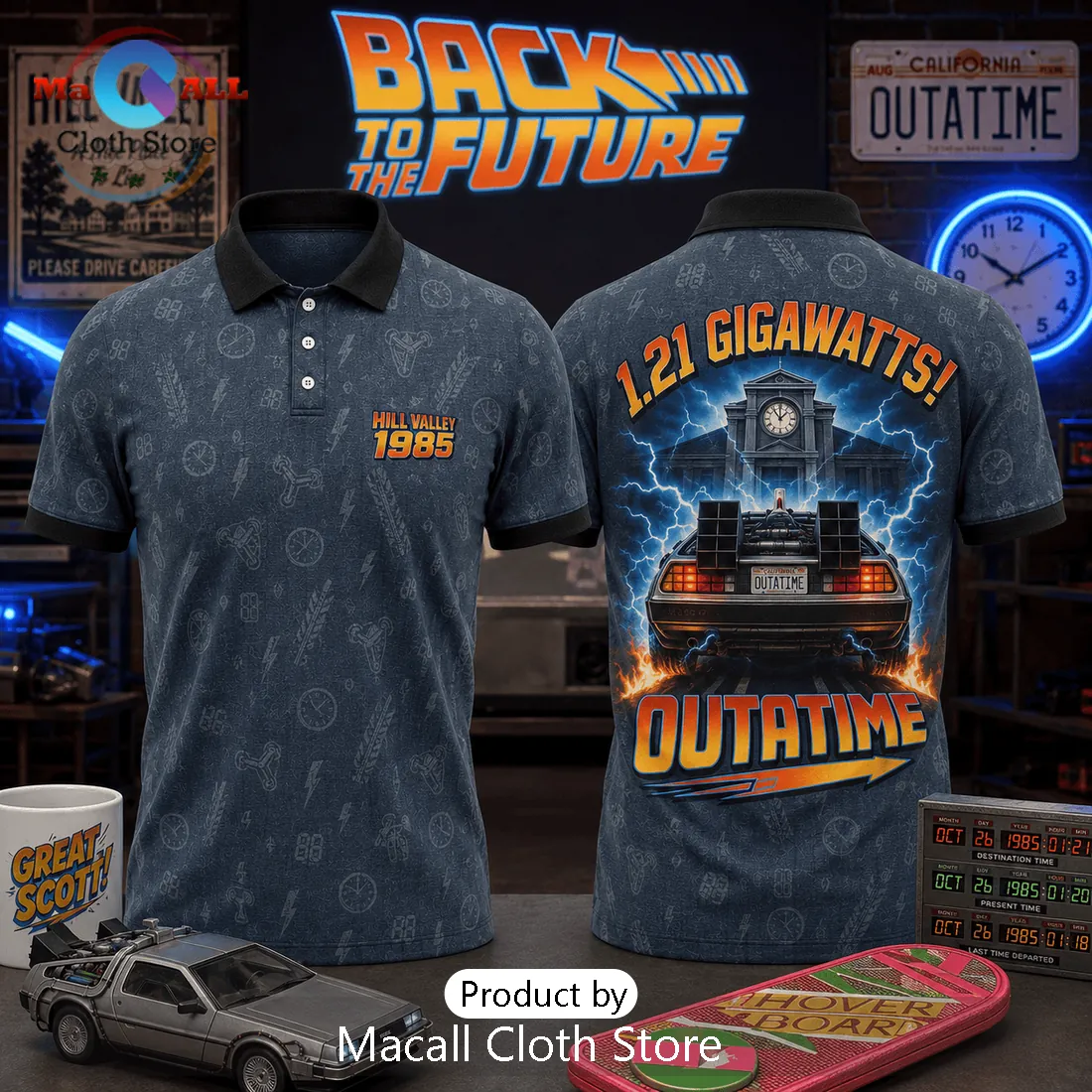 Back to the Future 1.21 Gigawatts Hill Valley 1985 Polo Shirt Back to the Future 1.21 Gigawatts Hill Valley 1985 Polo Shirt