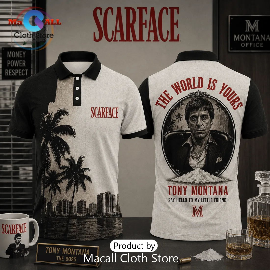 Scarface Tony Montana The World Is Yours Black and White Polo Shirt Scarface Tony Montana The World Is Yours Black and White Polo Shirt