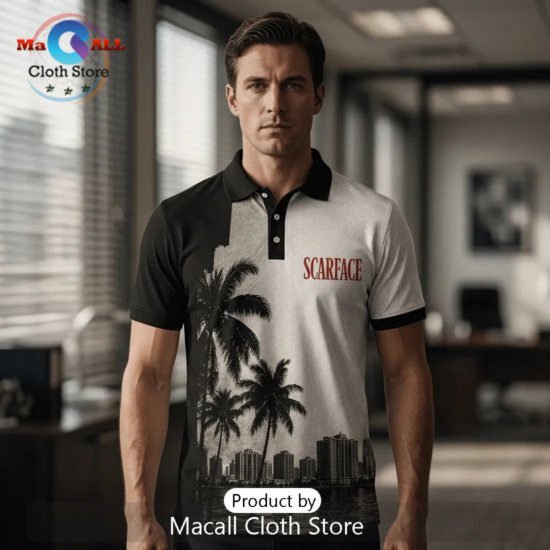 Scarface Tony Montana The World Is Yours Black and White Polo Shirt Scarface Tony Montana The World Is Yours Black and White Polo Shirt