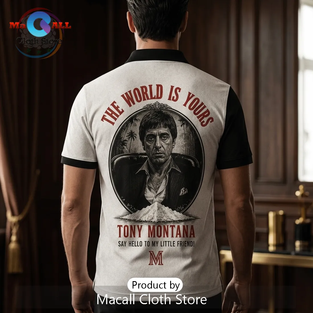 Scarface Tony Montana The World Is Yours Black and White Polo Shirt Scarface Tony Montana The World Is Yours Black and White Polo Shirt