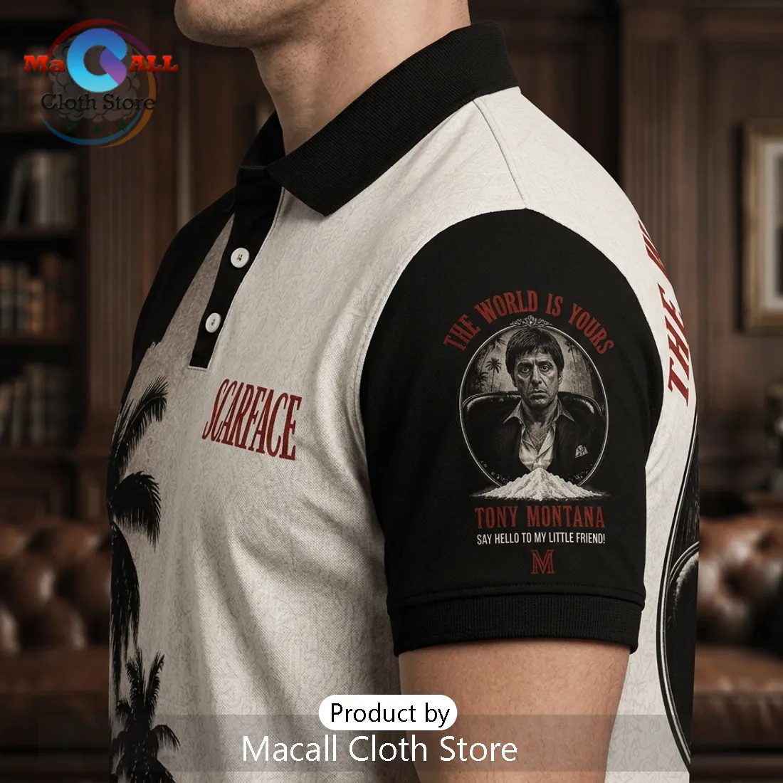 Scarface Tony Montana The World Is Yours Black and White Polo Shirt Scarface Tony Montana The World Is Yours Black and White Polo Shirt