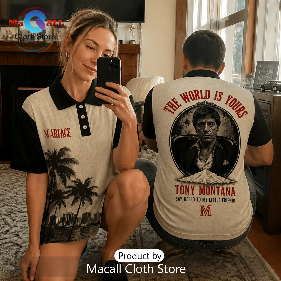 Scarface Tony Montana The World Is Yours Black and White Polo Shirt Scarface Tony Montana The World Is Yours Black and White Polo Shirt