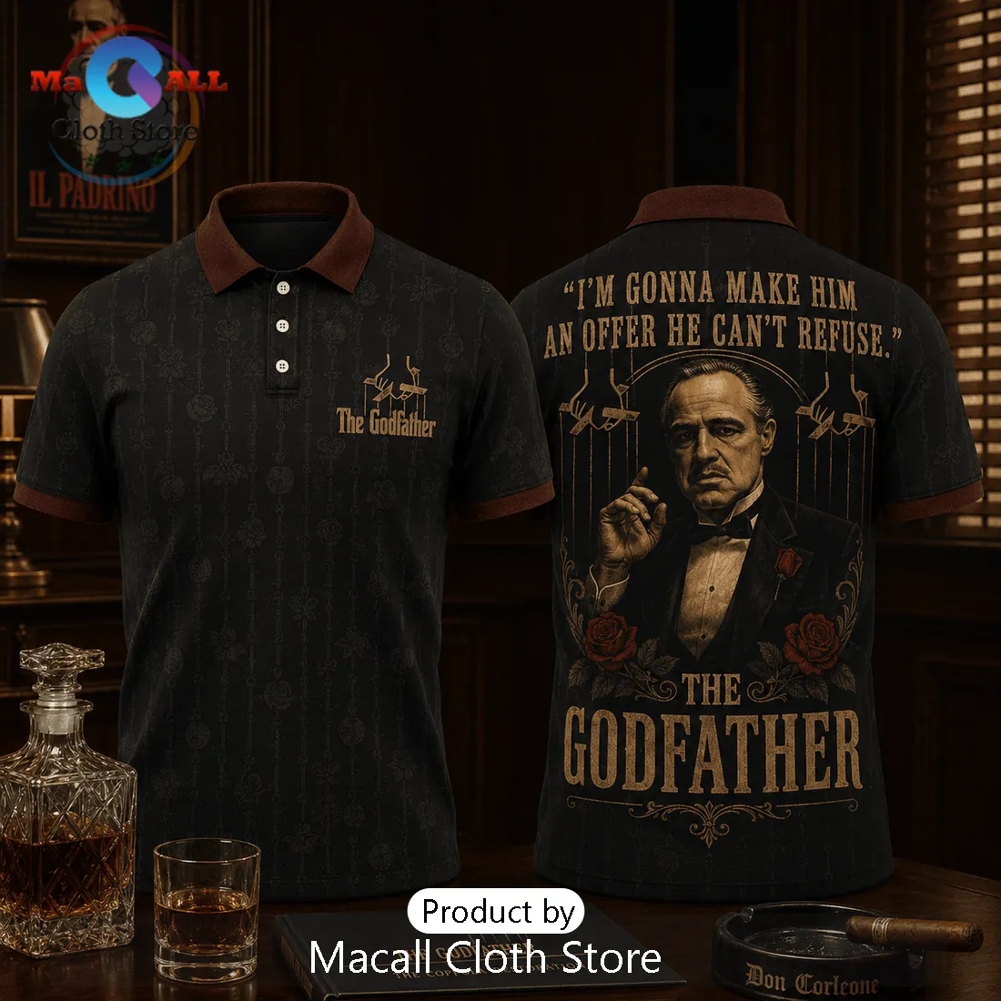 The Godfather Vito Corleone Classic Black Polo Shirt The Godfather Vito Corleone Classic Black Polo Shirt
