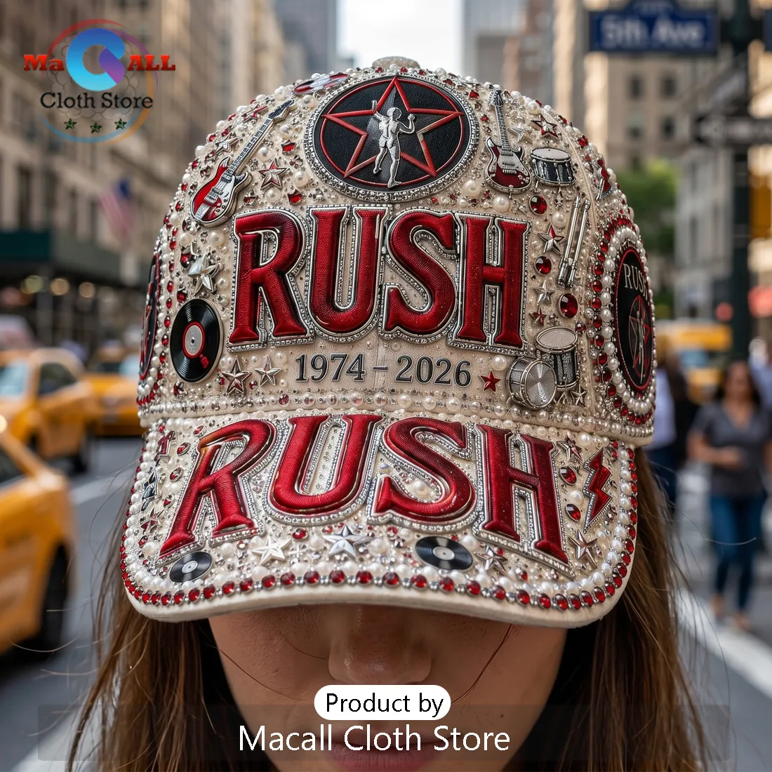 Rush Band 1974-2026 Rhinestone Premium Peaked Cap Rush Band 1974-2026 Rhinestone Premium Peaked Cap