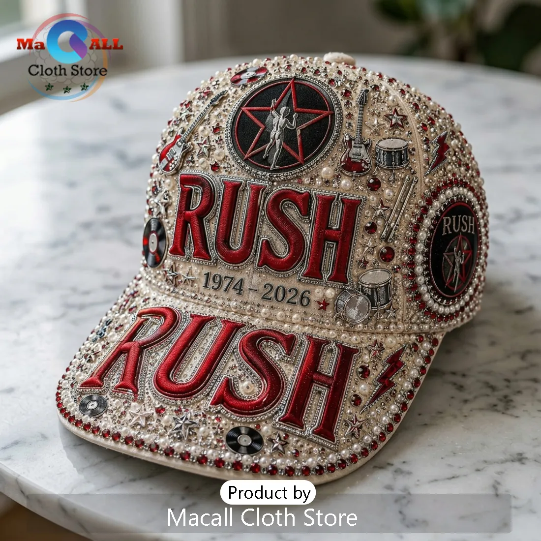 Rush Band 1974-2026 Rhinestone Premium Peaked Cap Rush Band 1974-2026 Rhinestone Premium Peaked Cap