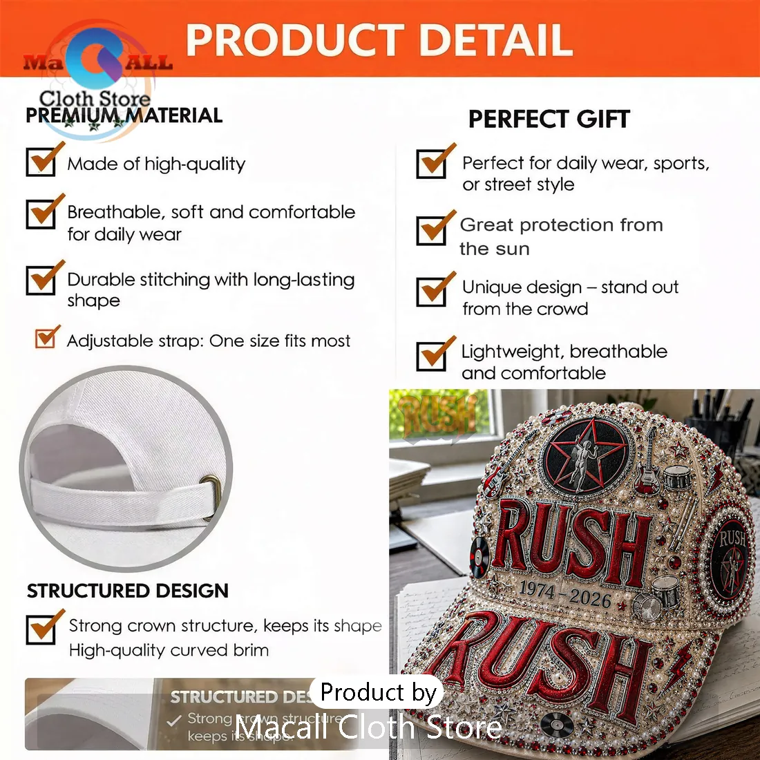 Rush Band 1974-2026 Rhinestone Premium Peaked Cap Rush Band 1974-2026 Rhinestone Premium Peaked Cap