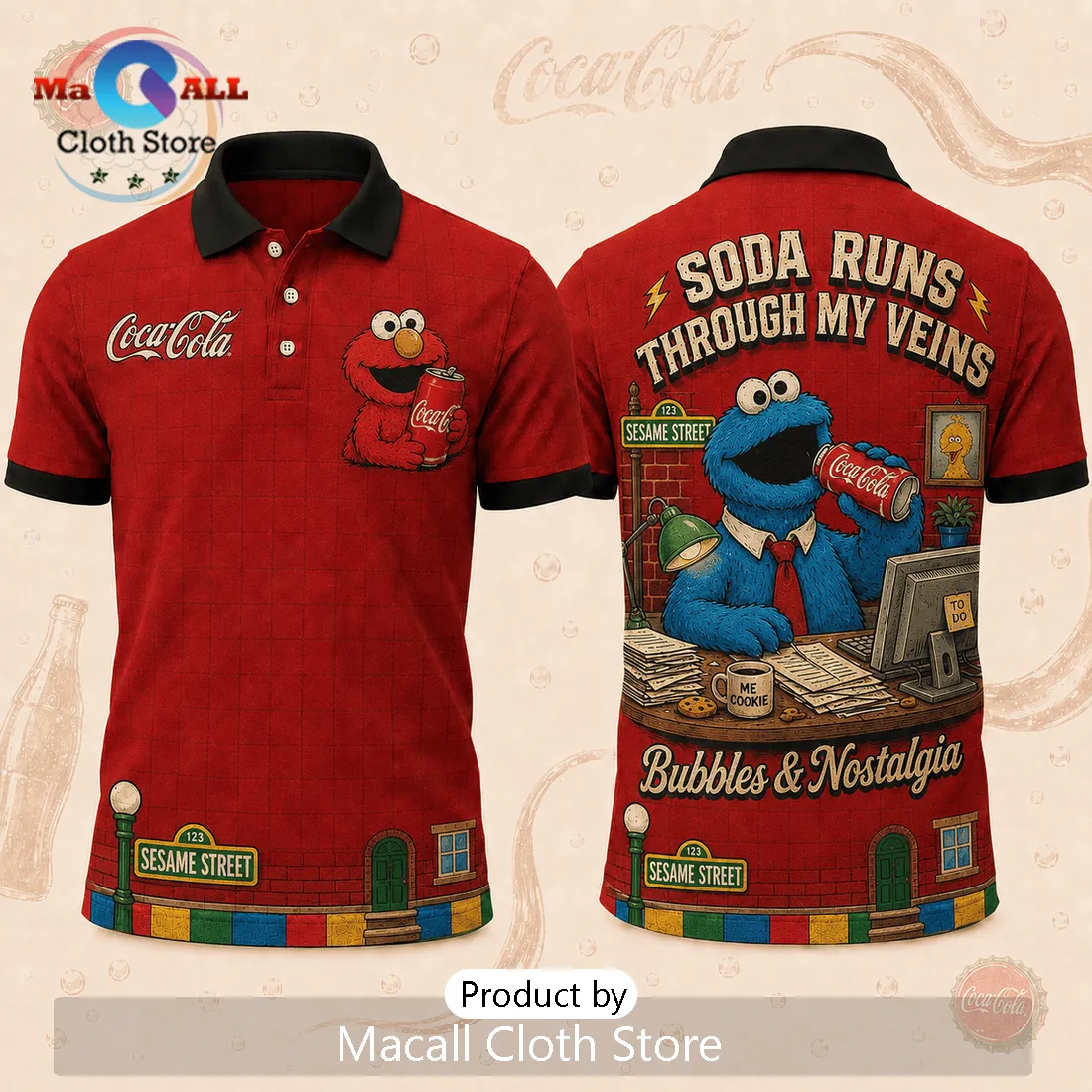 Coca-Cola x Sesame Street Retro Lovers Red Polo Shirt Coca-Cola x Sesame Street Retro Lovers Red Polo Shirt