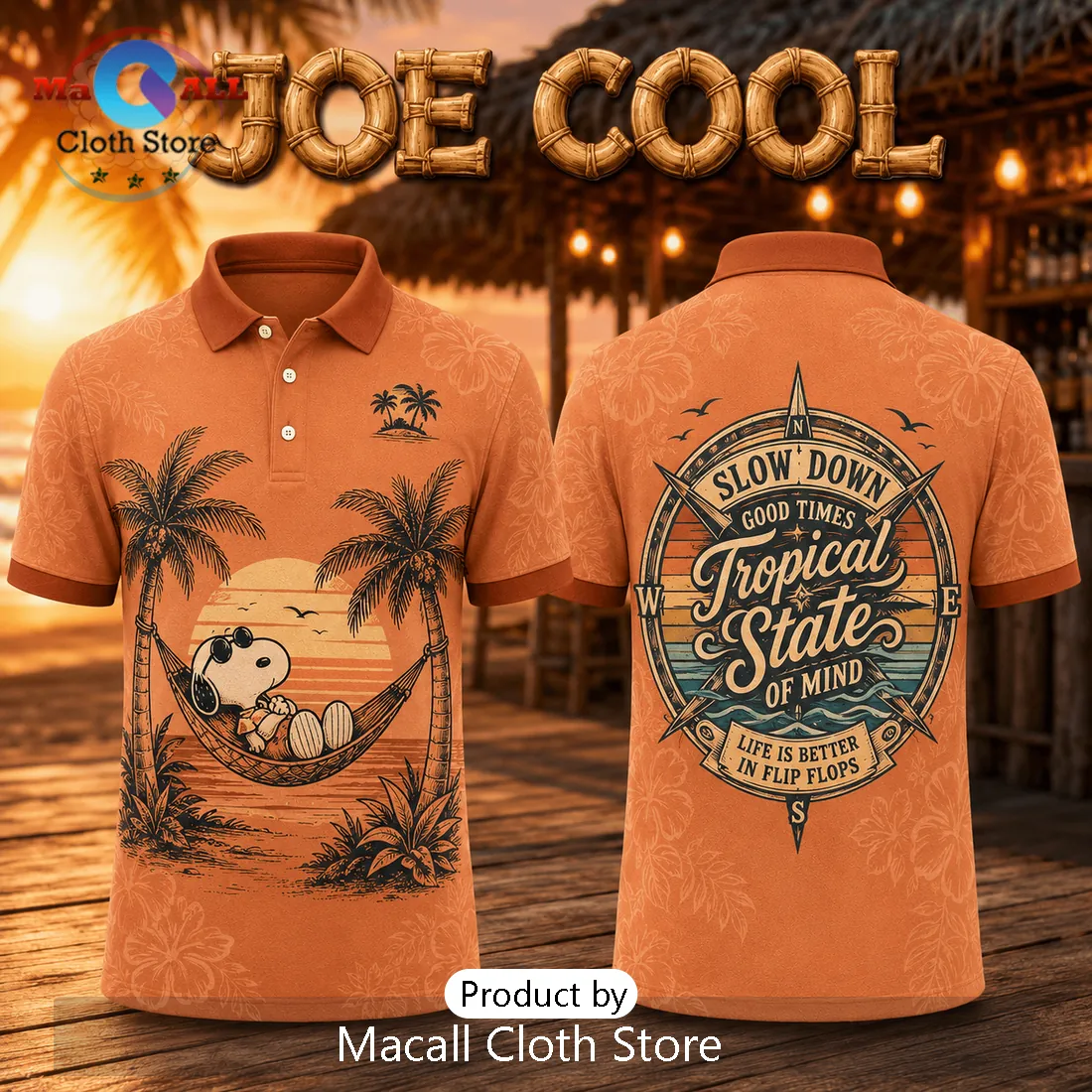 Snoopy Joe Cool Tropical Orange Polo Shirt Snoopy Joe Cool Tropical Orange Polo Shirt