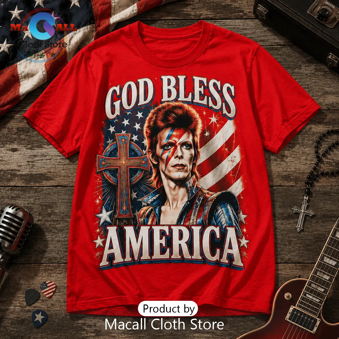 David Bowie God Bless America Patriotic Red T-Shirt David Bowie God Bless America Patriotic Red T-Shirt