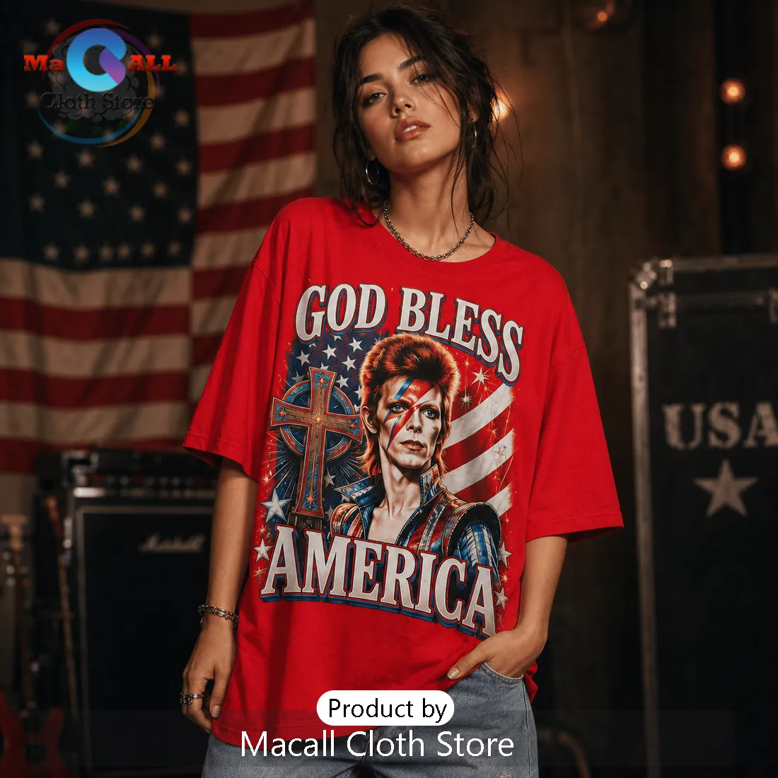 David Bowie God Bless America Patriotic Red T-Shirt David Bowie God Bless America Patriotic Red T-Shirt