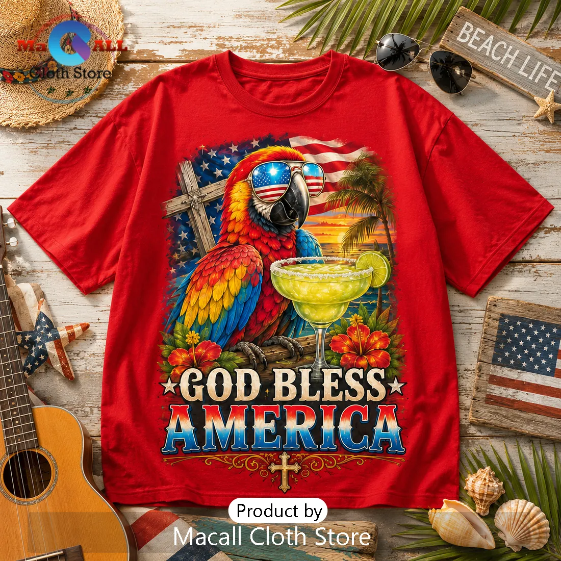 God Bless America Patriotic Parrot Red T-Shirt God Bless America Patriotic Parrot Red T-Shirt