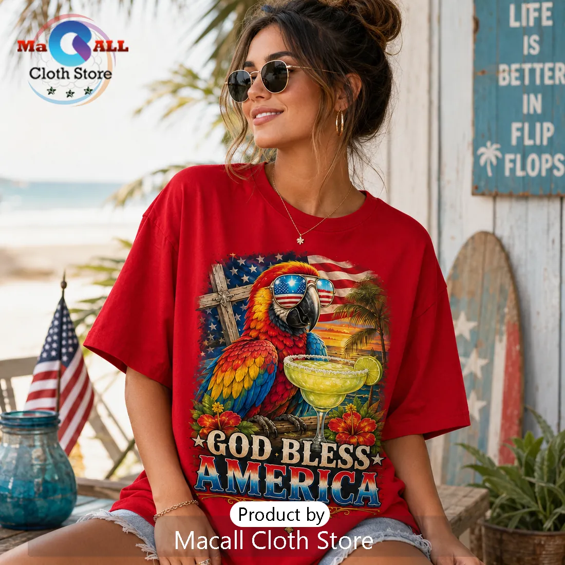 God Bless America Patriotic Parrot Red T-Shirt God Bless America Patriotic Parrot Red T-Shirt