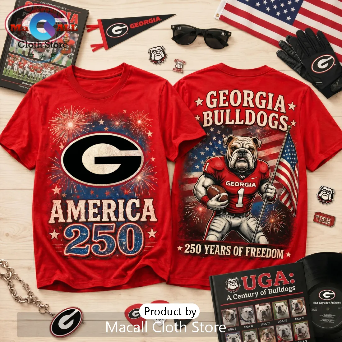 Georgia Bulldogs Football 250 Years Freedom Red T-Shirt Georgia Bulldogs Football 250 Years Freedom Red T-Shirt