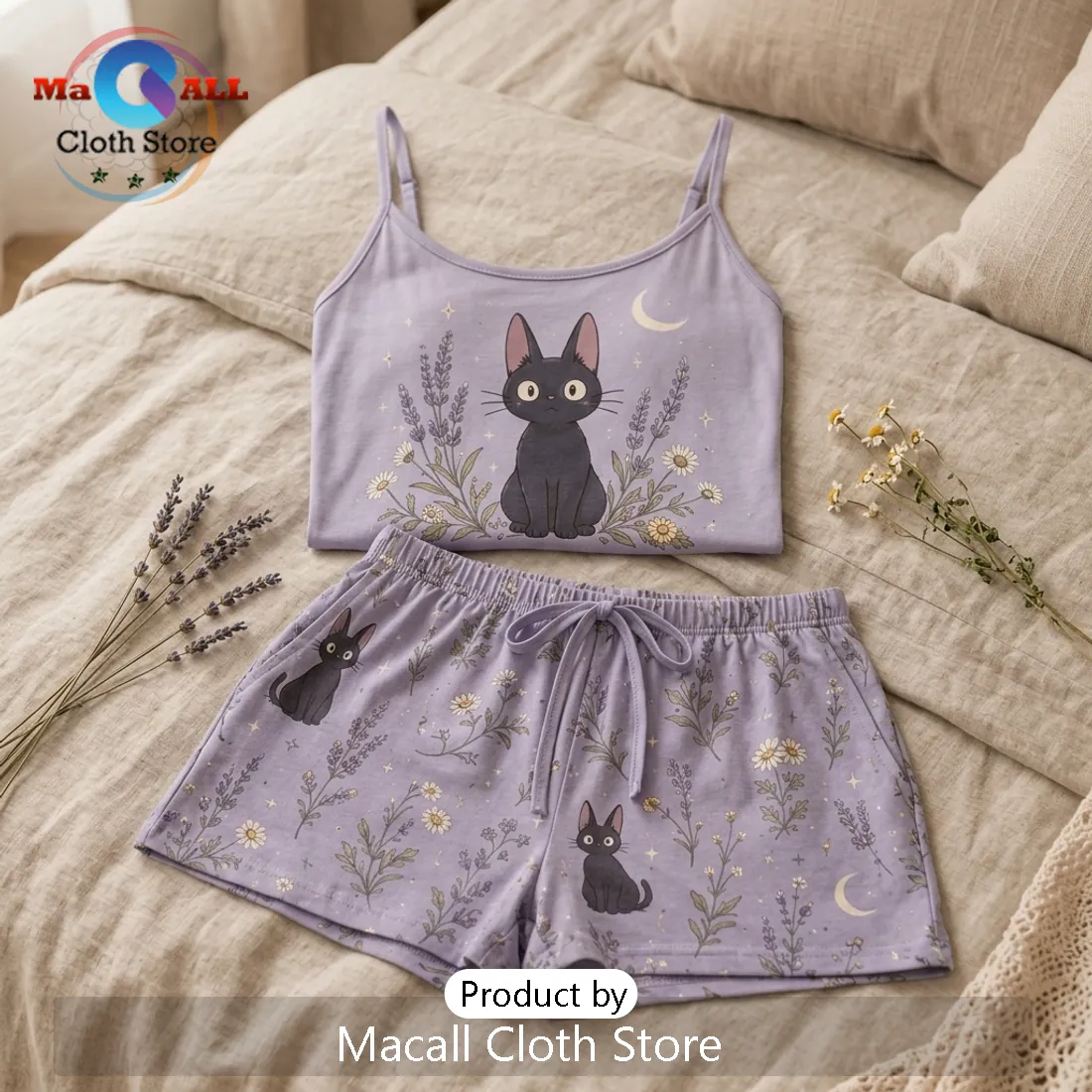 Jiji Cat Lavender Pajama Loungewear Set