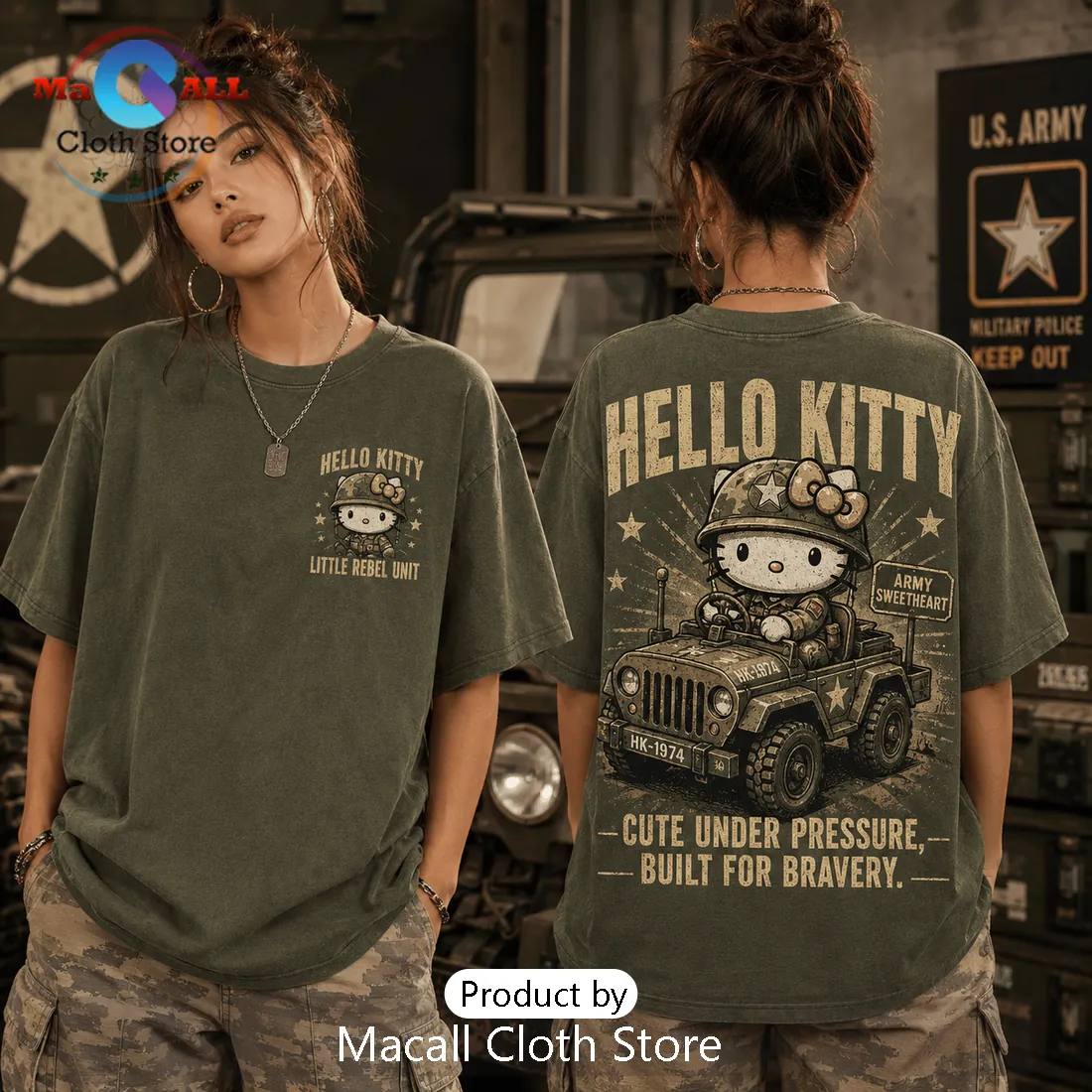 Hello Kitty Army Vintage Military Green T-Shirt Hello Kitty Army Vintage Military Green T-Shirt