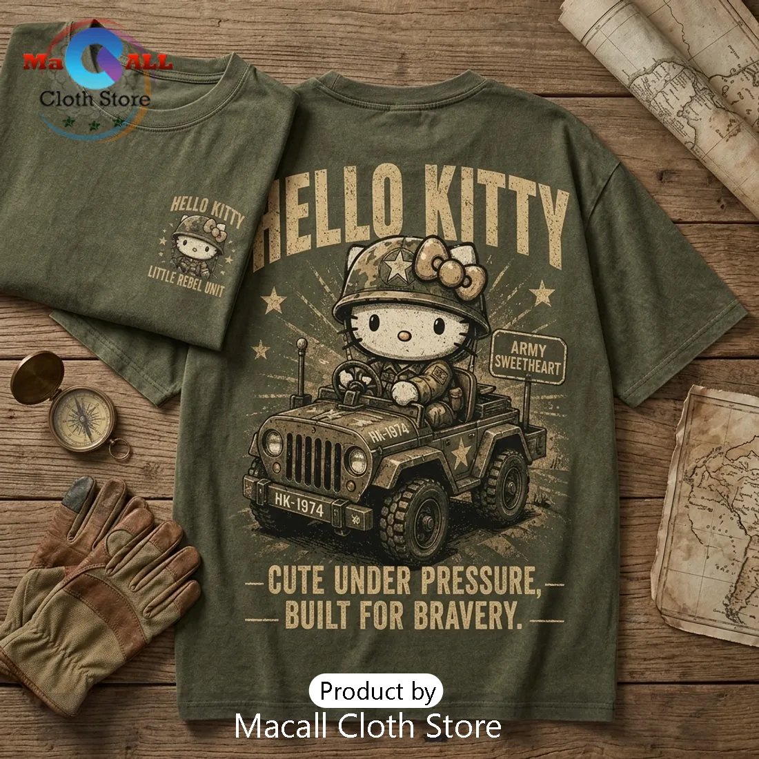 Hello Kitty Army Vintage Military Green T-Shirt Hello Kitty Army Vintage Military Green T-Shirt
