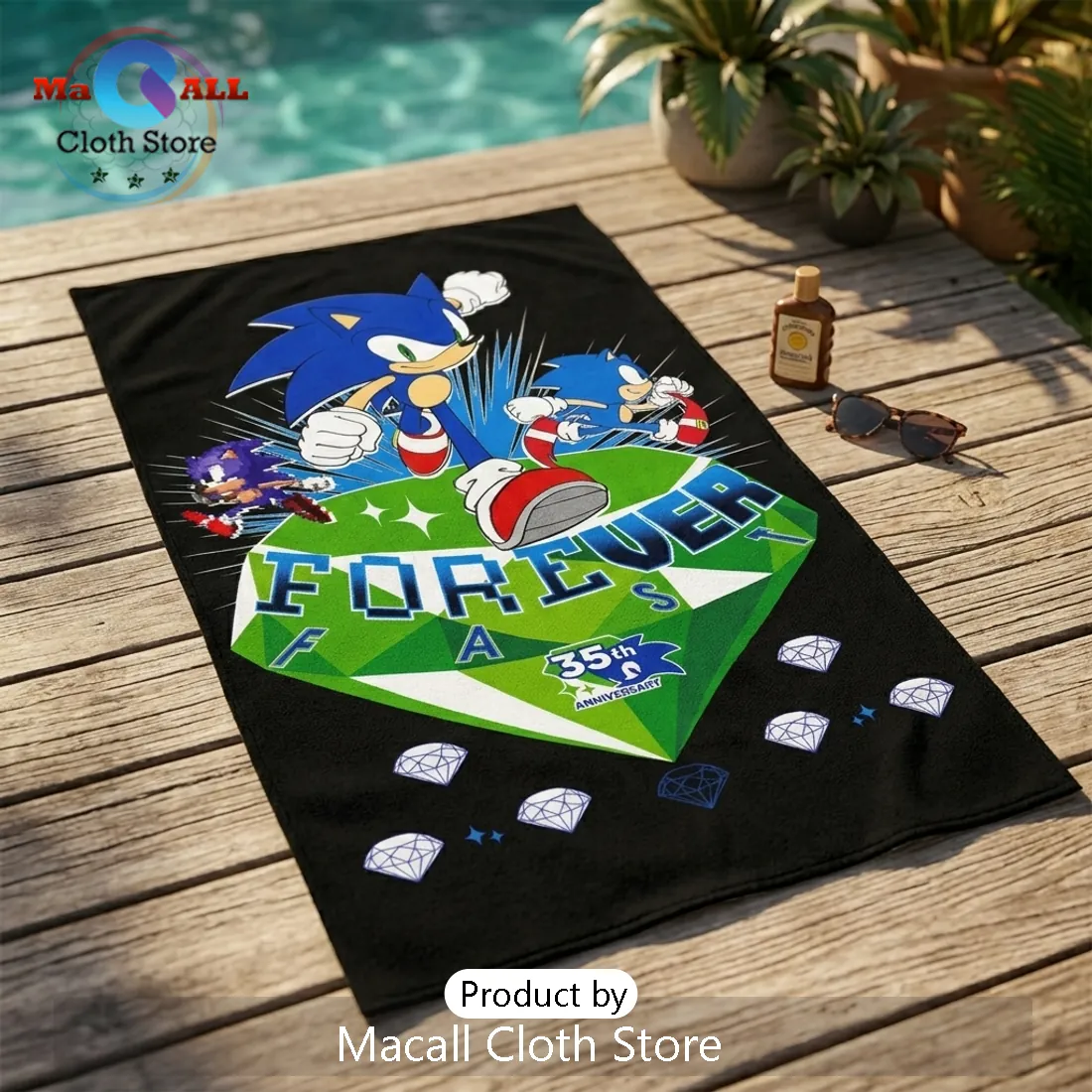 Sonic the Hedgehog 35th Anniversary Black Rectangle Beach Towel Sonic the Hedgehog 35th Anniversary Black Rectangle Beach Towel