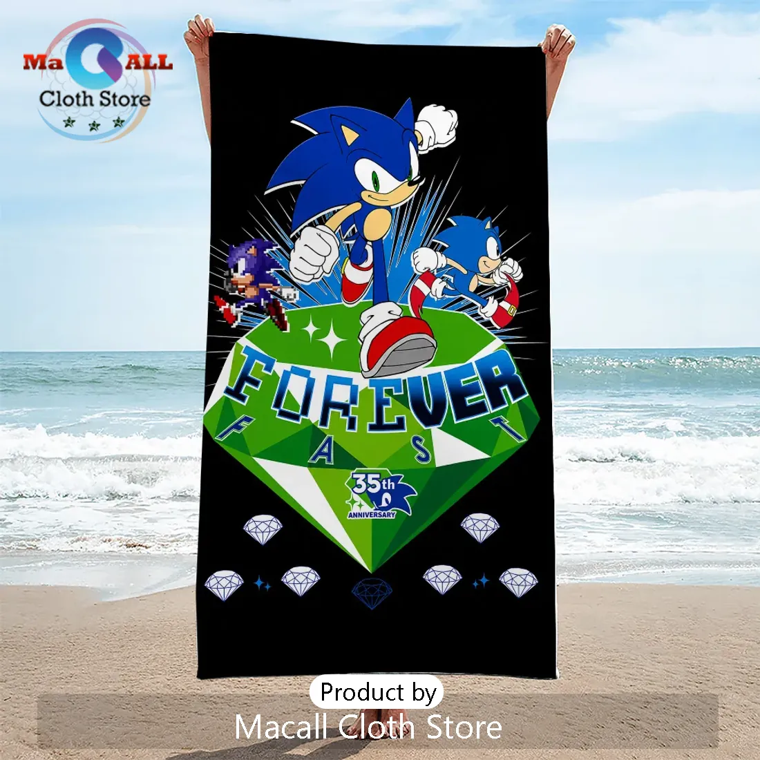 Sonic the Hedgehog 35th Anniversary Black Rectangle Beach Towel Sonic the Hedgehog 35th Anniversary Black Rectangle Beach Towel