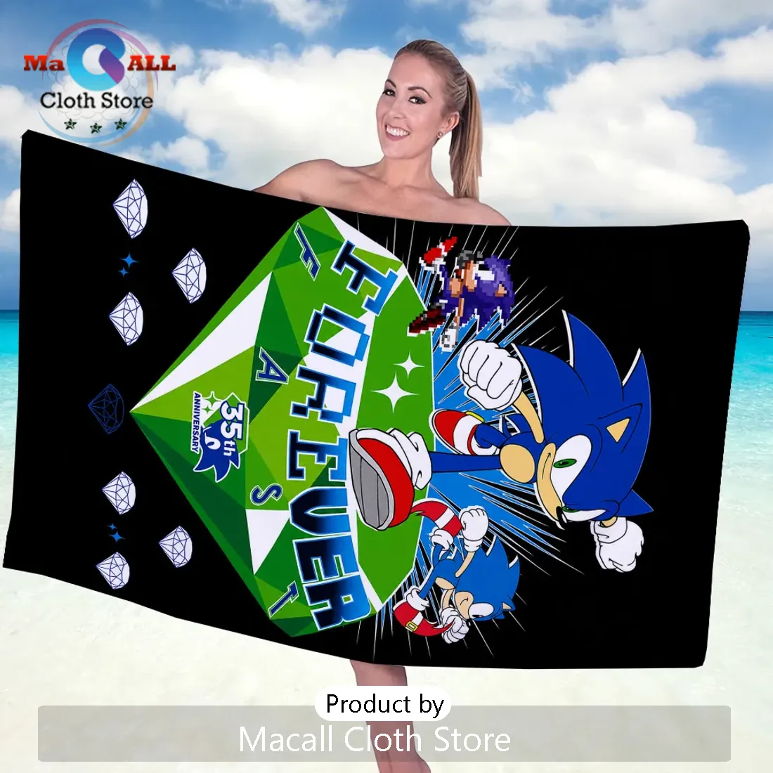 Sonic the Hedgehog 35th Anniversary Black Rectangle Beach Towel Sonic the Hedgehog 35th Anniversary Black Rectangle Beach Towel