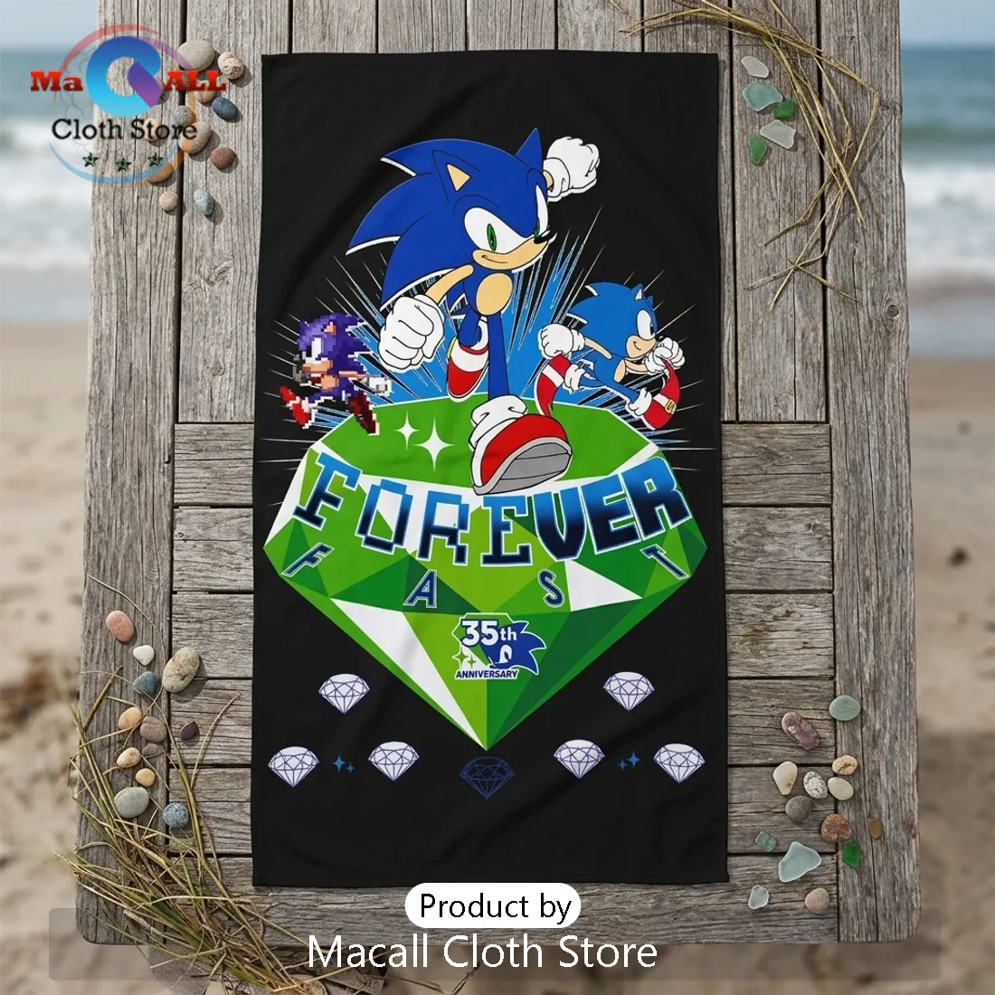 Sonic the Hedgehog 35th Anniversary Black Rectangle Beach Towel Sonic the Hedgehog 35th Anniversary Black Rectangle Beach Towel