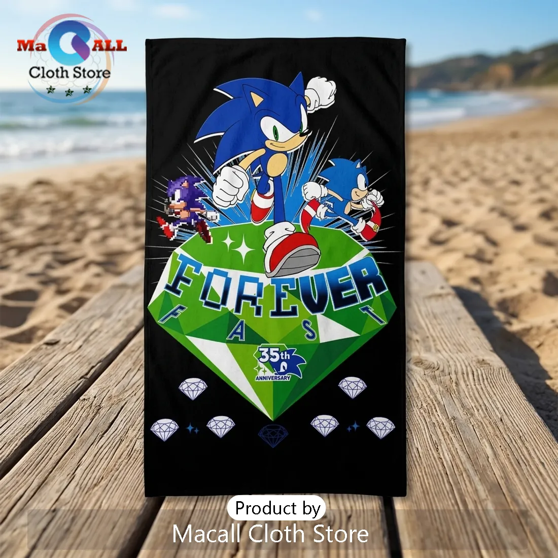 Sonic the Hedgehog 35th Anniversary Black Rectangle Beach Towel Sonic the Hedgehog 35th Anniversary Black Rectangle Beach Towel