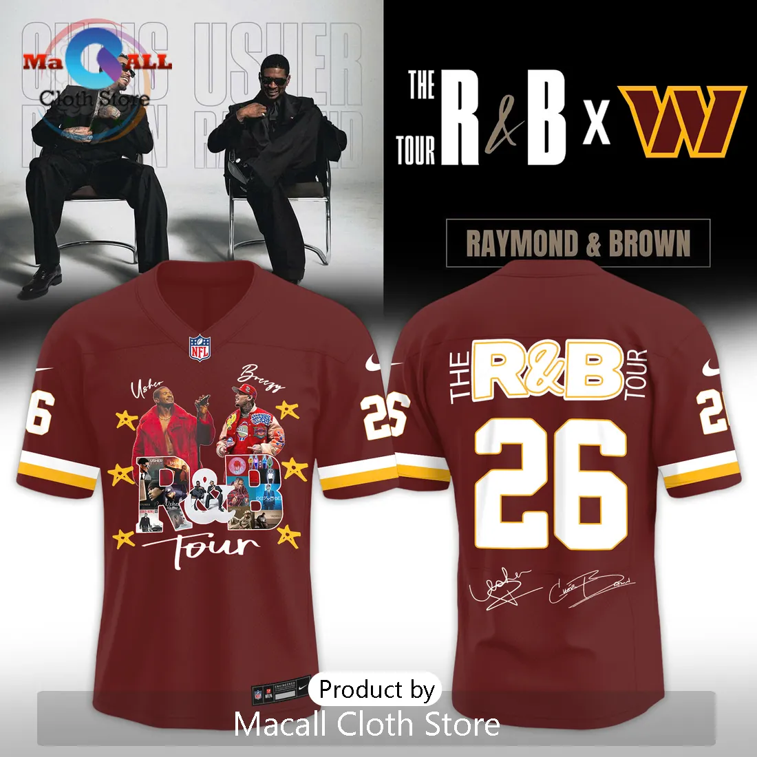 Usher x Chris Brown Washington Commanders Burgundy Football Jersey Usher x Chris Brown Washington Commanders Burgundy Football Jersey