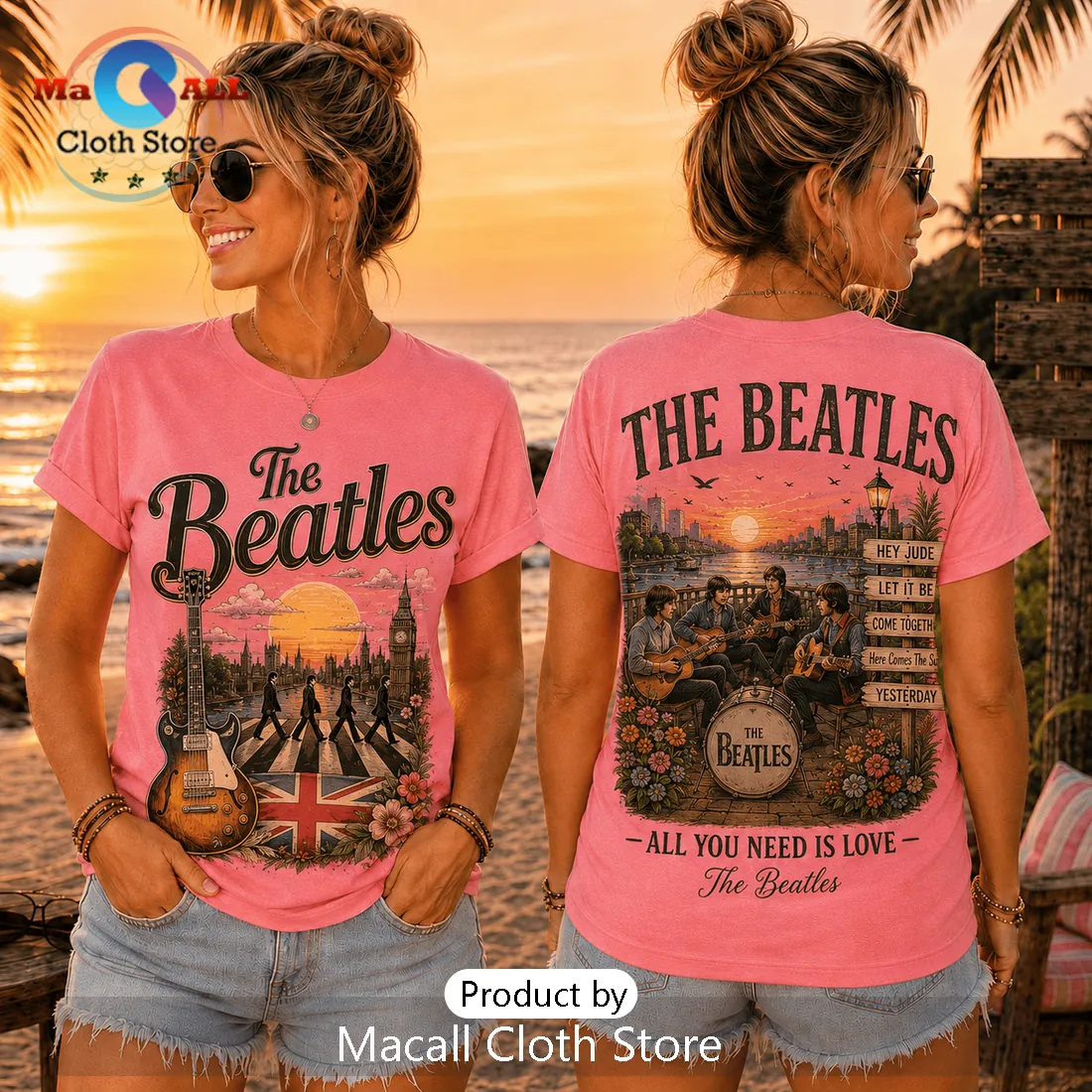 Premium The Beatles Pink Retro Vintage T-Shirt Premium The Beatles Pink Retro Vintage T-Shirt