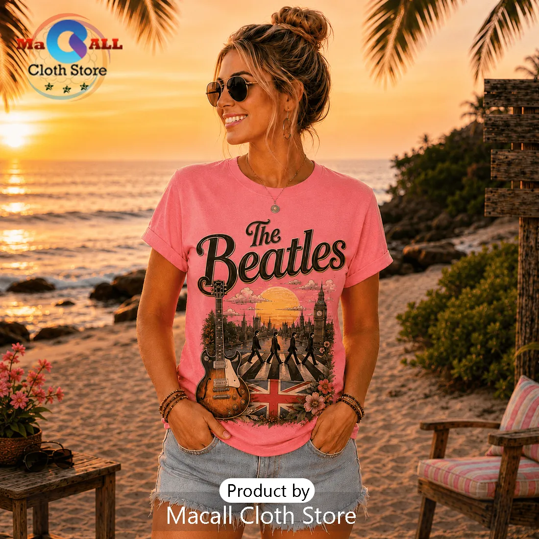 Premium The Beatles Pink Retro Vintage T-Shirt Premium The Beatles Pink Retro Vintage T-Shirt
