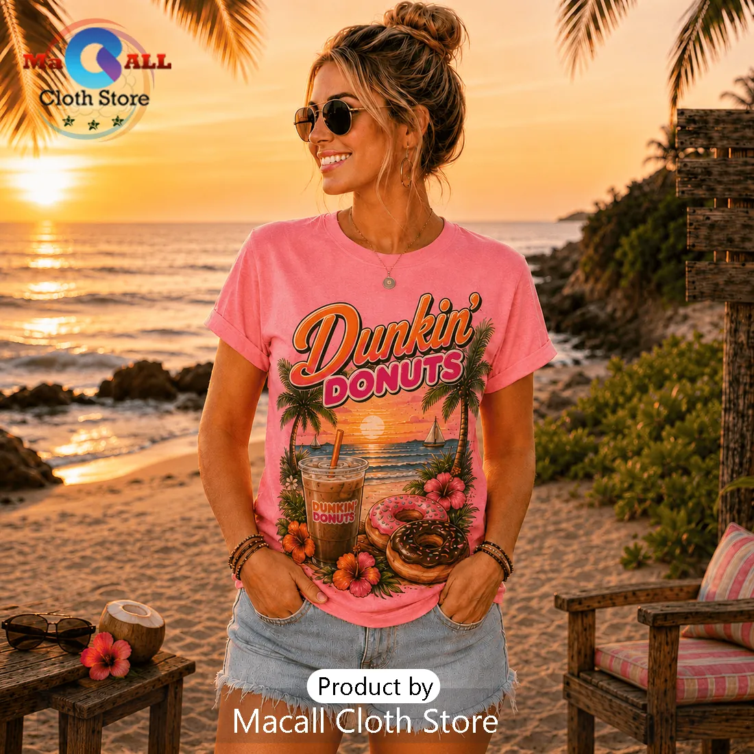 Dunkin Donuts Beach Vibes Pink T-Shirt Dunkin Donuts Beach Vibes Pink T-Shirt