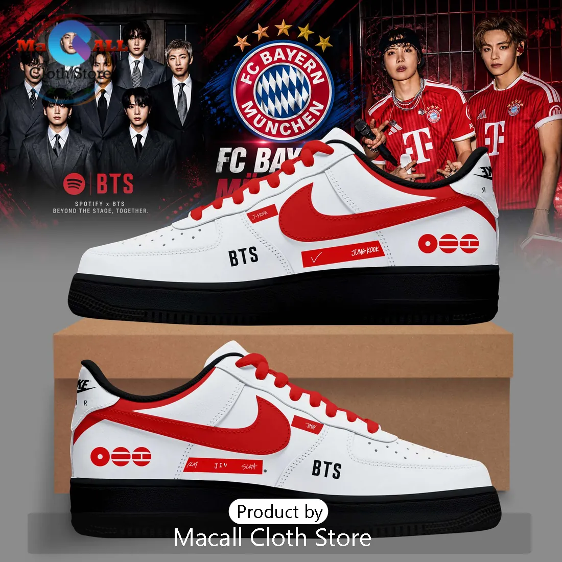 BTS x FC Bayern Munich Red White Air Force 1 Sneakers BTS x FC Bayern Munich Red White Air Force 1 Sneakers