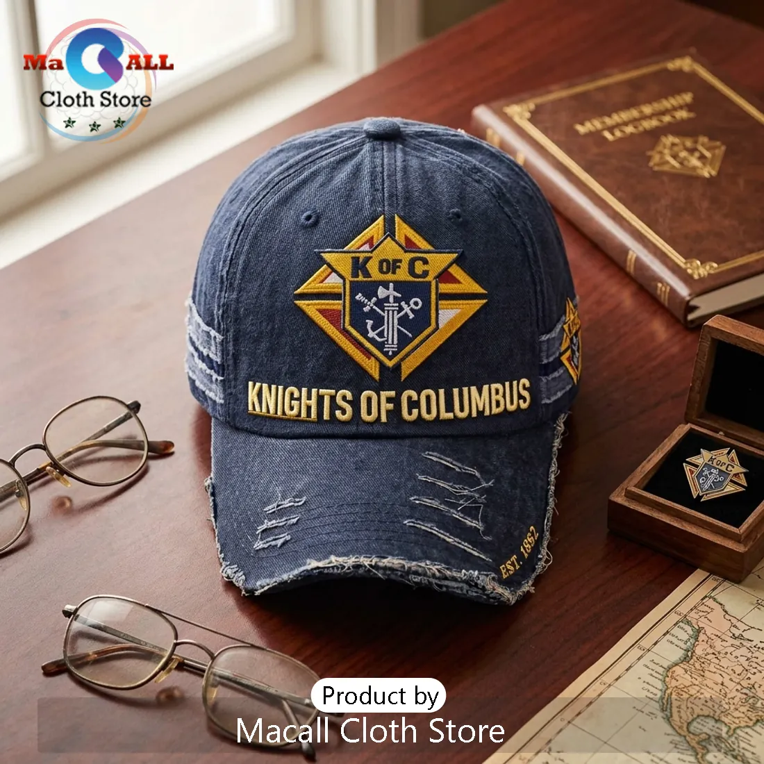 Knights of Columbus Est 1882 Navy Blue Distressed Baseball Cap Knights of Columbus Est 1882 Navy Blue Distressed Baseball Cap