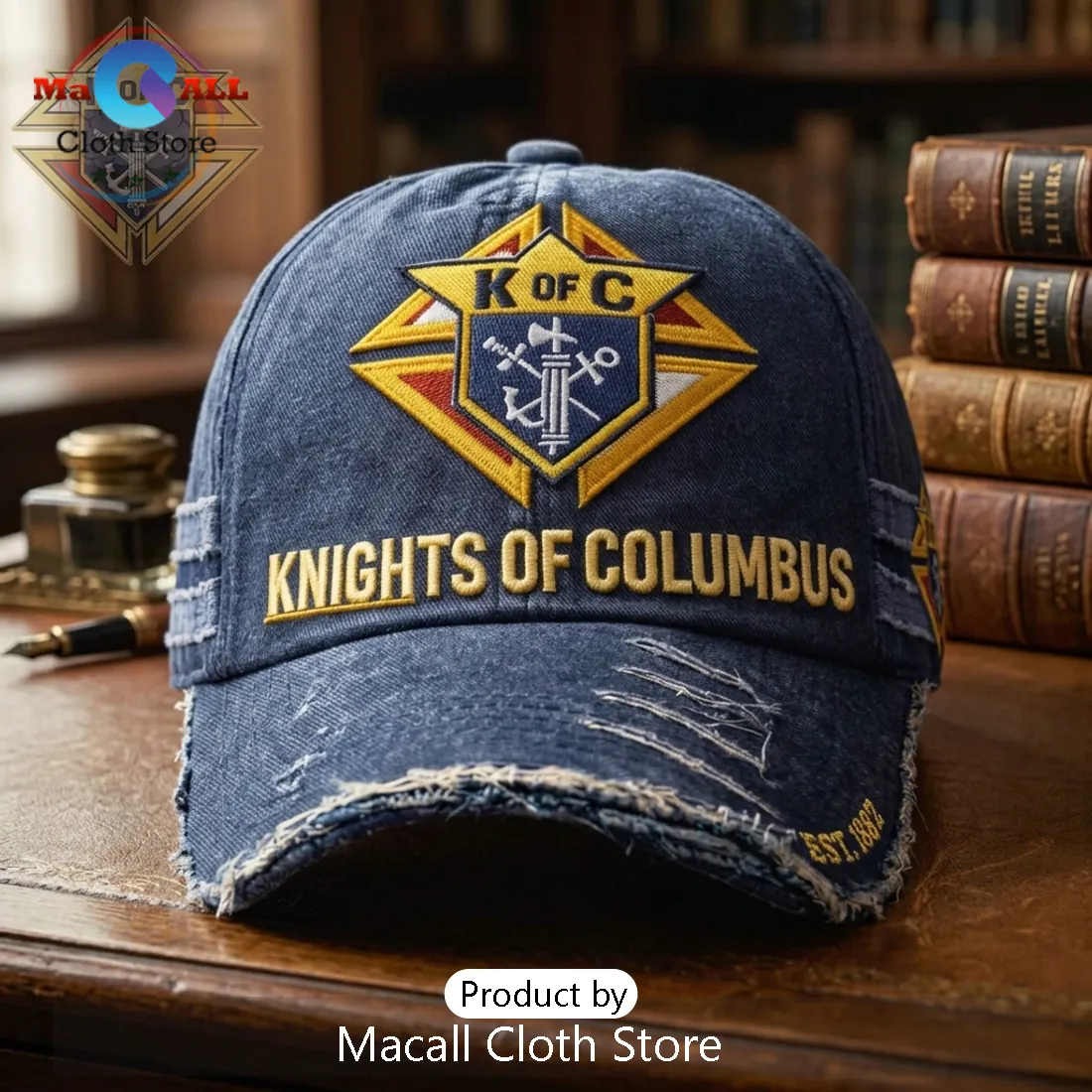 Knights of Columbus Est 1882 Navy Blue Distressed Baseball Cap Knights of Columbus Est 1882 Navy Blue Distressed Baseball Cap