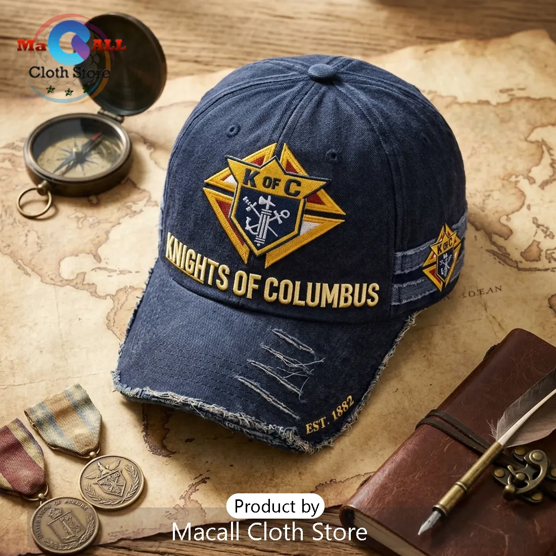 Knights of Columbus Est 1882 Navy Blue Distressed Baseball Cap Knights of Columbus Est 1882 Navy Blue Distressed Baseball Cap
