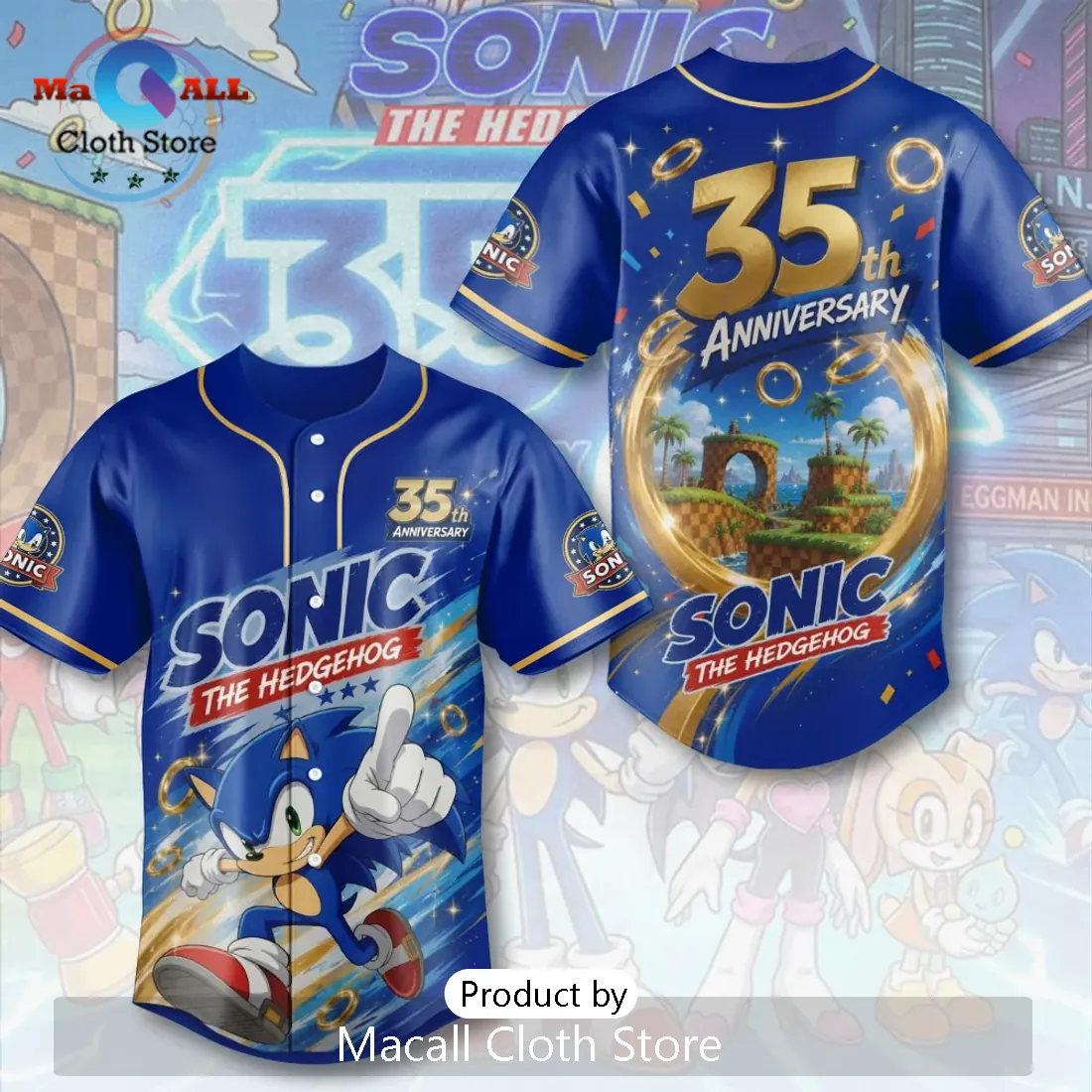 Sonic The Hedgehog 35th Anniversary Blue Baseball Jersey Sonic The Hedgehog 35th Anniversary Blue Baseball Jersey