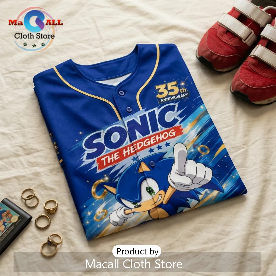 Sonic The Hedgehog 35th Anniversary Blue Baseball Jersey Sonic The Hedgehog 35th Anniversary Blue Baseball Jersey