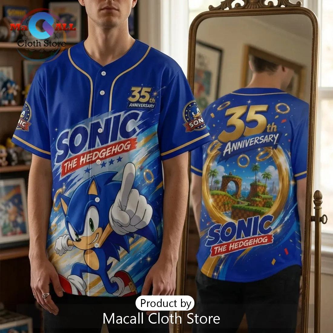 Sonic The Hedgehog 35th Anniversary Blue Baseball Jersey Sonic The Hedgehog 35th Anniversary Blue Baseball Jersey