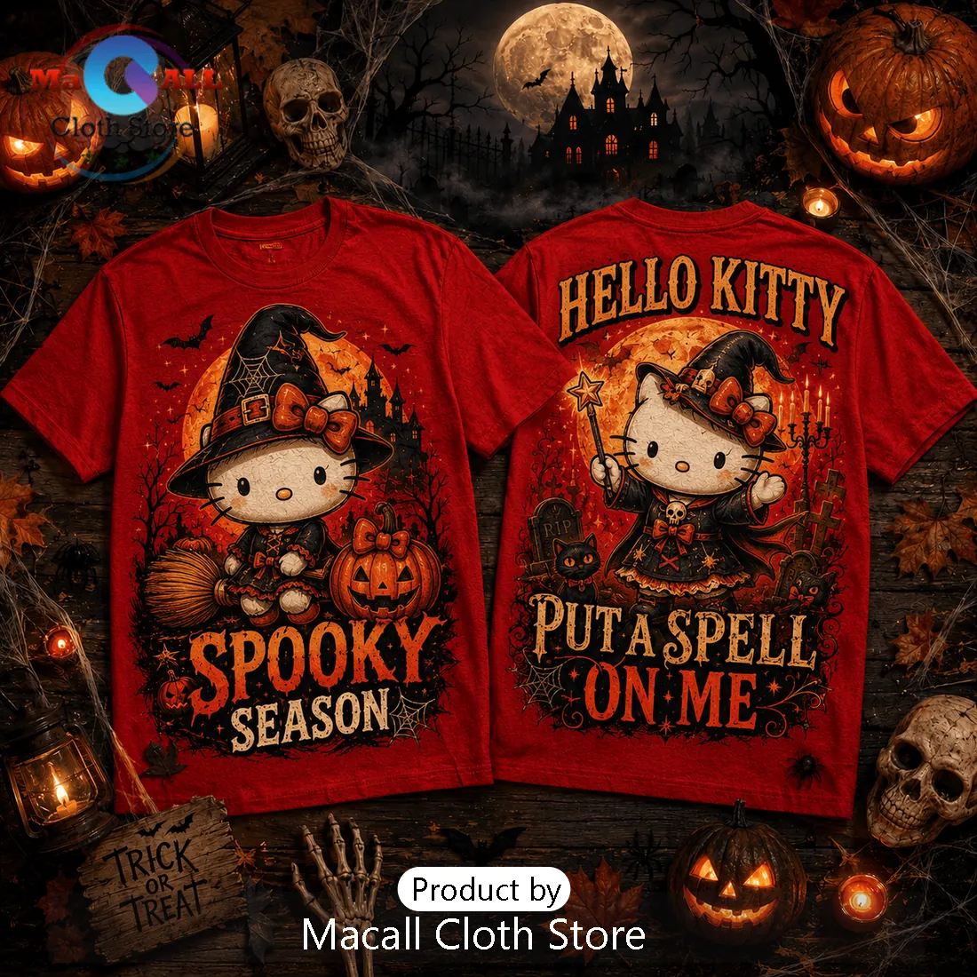 Hello Kitty Witch Pumpkin Spooky Season Red T-Shirt Hello Kitty Witch Pumpkin Spooky Season Red T-Shirt