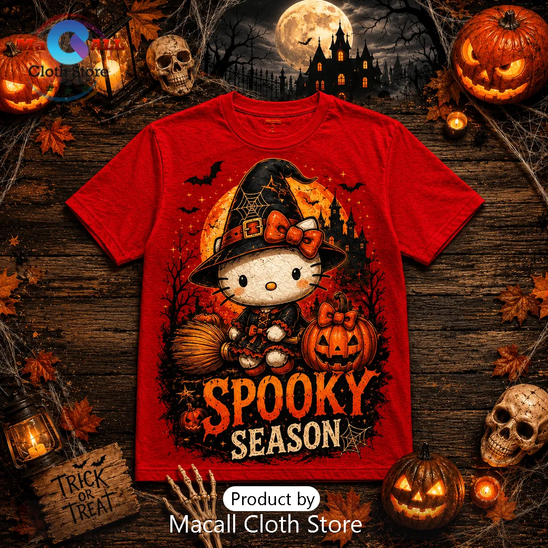 Hello Kitty Witch Pumpkin Spooky Season Red T-Shirt Hello Kitty Witch Pumpkin Spooky Season Red T-Shirt