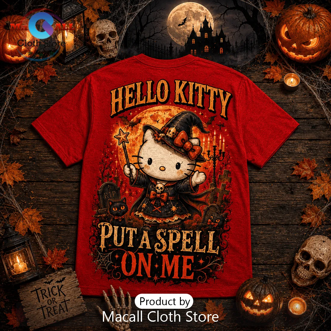 Hello Kitty Witch Pumpkin Spooky Season Red T-Shirt Hello Kitty Witch Pumpkin Spooky Season Red T-Shirt