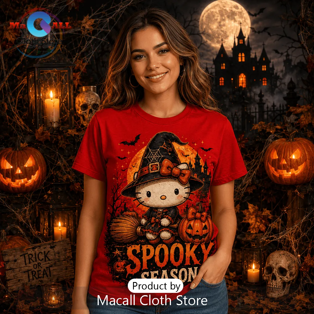 Hello Kitty Witch Pumpkin Spooky Season Red T-Shirt Hello Kitty Witch Pumpkin Spooky Season Red T-Shirt