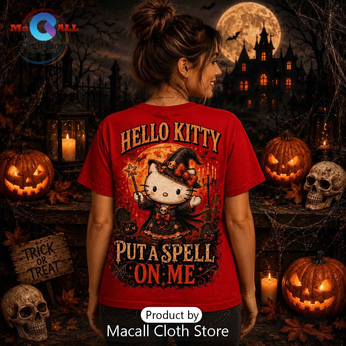 Hello Kitty Witch Pumpkin Spooky Season Red T-Shirt Hello Kitty Witch Pumpkin Spooky Season Red T-Shirt