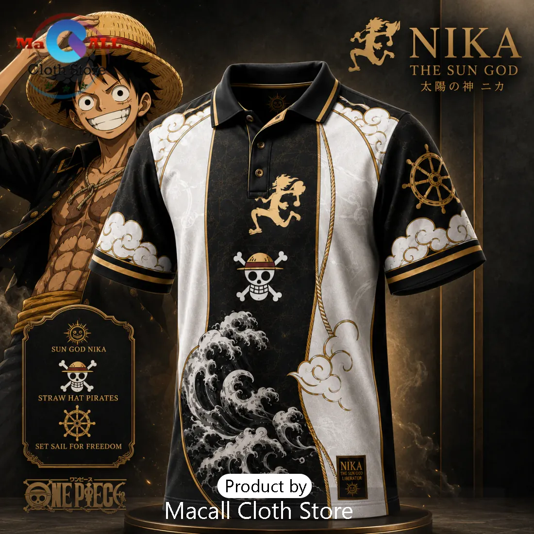 One Piece Luffy Nika Black Gold Polo Shirt One Piece Luffy Nika Black Gold Polo Shirt
