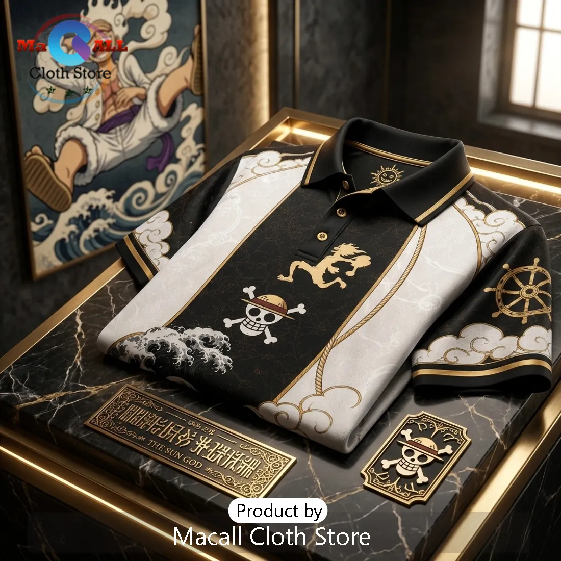 One Piece Luffy Nika Black Gold Polo Shirt One Piece Luffy Nika Black Gold Polo Shirt