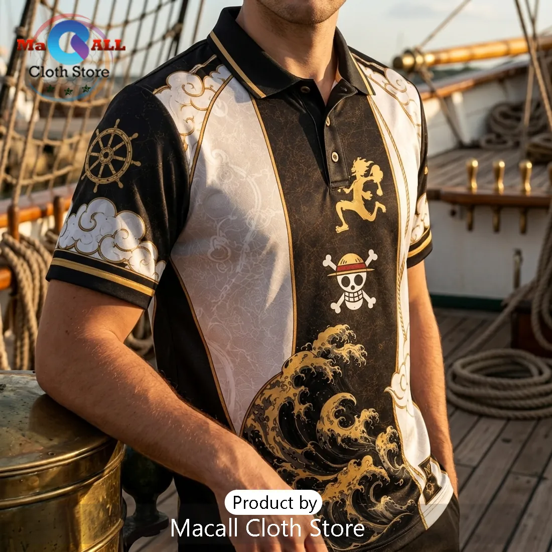 One Piece Luffy Nika Black Gold Polo Shirt One Piece Luffy Nika Black Gold Polo Shirt