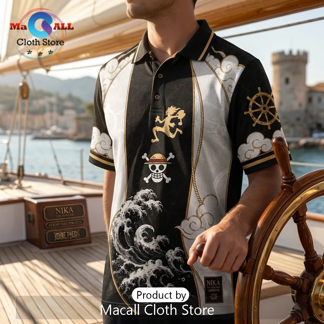 One Piece Luffy Nika Black Gold Polo Shirt One Piece Luffy Nika Black Gold Polo Shirt