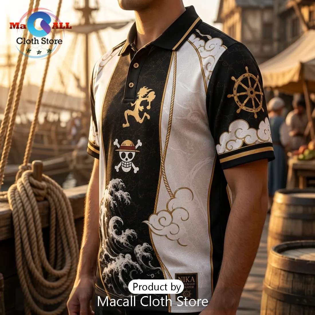 One Piece Luffy Nika Black Gold Polo Shirt One Piece Luffy Nika Black Gold Polo Shirt